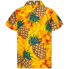 KING KAMEHA Men's Pineapple-Desings Summer-Party-Shirts Short-Sleeve, Pineapple-Hibiscus, Yellow, M