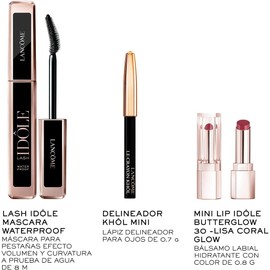 Lancme Set de regalo, Incluye Mscara de pestaas Lash Idle Waterproof Efecto Abanico y Volumen, Mini delineador Khl y Mini Lip Idle Butterglow Blsamo Labial con Color en tono 30 Lisa Coral Glow
