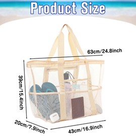 Large Mesh Beach Bag for Women Sac de Plage Beach Tote Bag with Zipper Pockets Sandproof Vacation Essentials Travel Vacation (Beige)