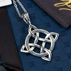 S925 Sterling Silver Witches Knot Pedant Necklace Celtic Four Corner Knot Necklace Good Luck Pendant Necklace for Women LSN250, Sterling Silver