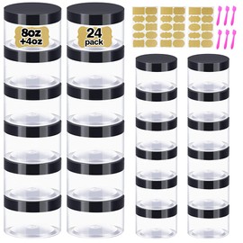 8 oz Plastic Containers with Lids + 4oz Small Containers with Lids (Set of 24) Plastic Jars with Lids Cosmetic Jar - for Lip Scrub, Body Butters, Cream, Slime, Craft Storage