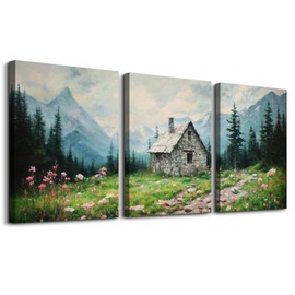 SERIMINO Nature Landscape Canvas Wall Art for Living Room, Forest Mountain Canvas Prints Paintings Room Decor, Cottage Meadow Wildflower Modern Farmhouse Wall Decor Set of 3, 12"X16"
