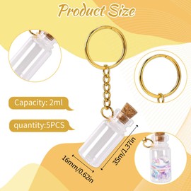 Mini Glass Bottles, 5 Pcs 3ml Glass Vials with Corks Lids Tiny Jars Potion Bottles, Clear Spell Jars with Metal Keychain Miniature Message Bottles for DIY Crafts Wedding Favors Party Home Decoration