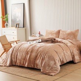 SHALALA Distressed Velvet Comforter Set Queen, 3 Pieces Orange Pink Distressed Velvet Face with Soft Brushed Microfibers Reverse, Cozy Fluffy Velvet Bedding Set with Matching Shams