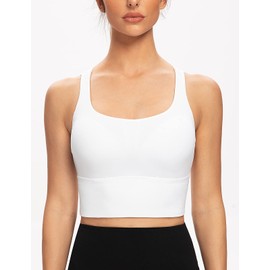 AGONVIN Women's Longline Strappy Padded Medium Support Training Top Sports Bra, White