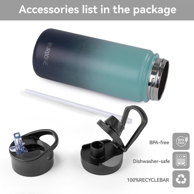 MURBONE Stainless Steel Drinking Bottle 500 ml (+ 2 Lids)