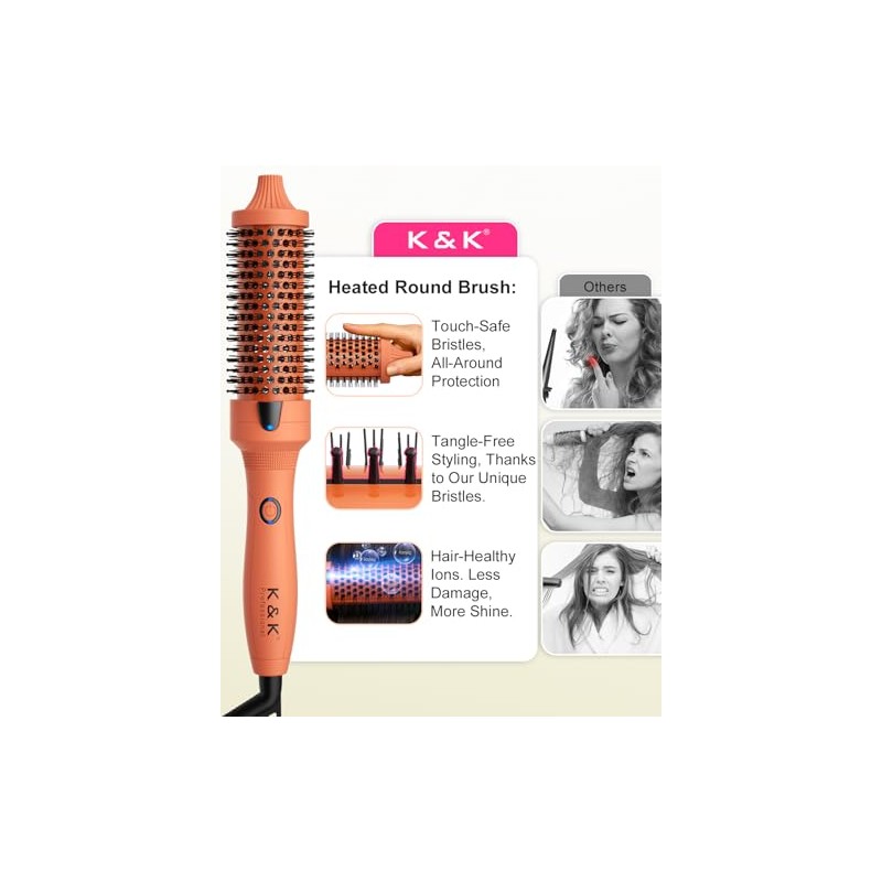 K&K Cepillo térmico redondo de 3,8 cm con cabezal desmontable,