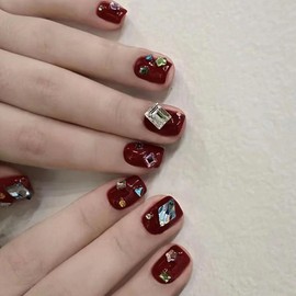 [ALLEVG] Nail Tip, 24 Pieces, Fall & Winter, 3D Nail Tip, Short Nail Press, Handmade Red, Nail Tip, Reusable, Coming of Age Ceremony, New Year, Bride Nail, Glitter Nail Tip, Cute, Red, Popular,
