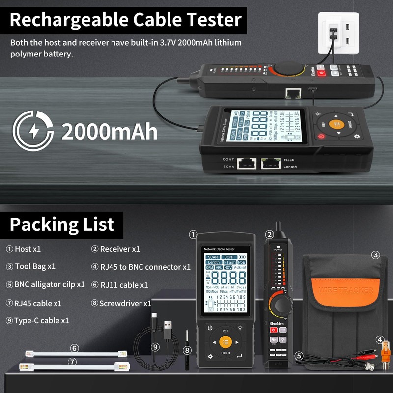 Multifunction RJ45 Network Caber Tester,Cable Tracer,Rechargeable Wire Tester,UTP Conntinue and