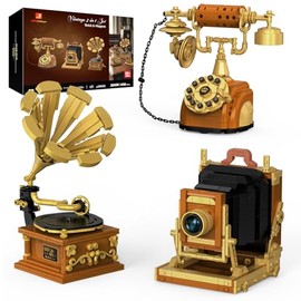 JMBricklayer Camera Telephone Record Player Building Block Sets for Adults, Retro 3 in 1 Set Building Toy 20039, Vintage Display Model Kit for Office Room Decor Collectible Gift for Adult Men Kids 14+