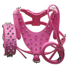 haoyueer Leather Spiked Studded Medium & Large Dog Collars, Harnesses & Leashes 3Pcs Matching Set for Pit Bull,Mastiff, Boxer, Bull Terrier(Hot Pink,L)