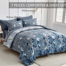 Anibedding Blue Comforter Set California King Size 7 Piece Navy Botanical Gradient Leaves Ultra Soft Lightweight Reversible Microfiber Bedding Comforter Set for All Season