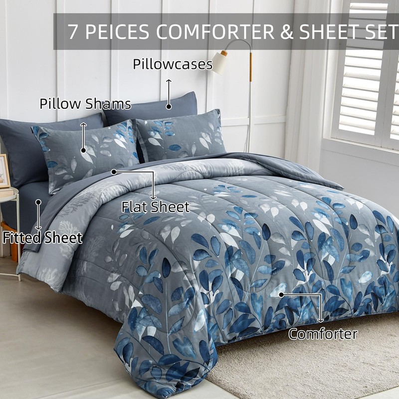 Anibedding Blue Comforter Set California King Size 7 Piece Navy