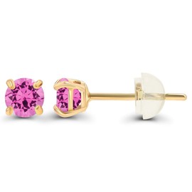 14K Yellow Gold Plated 925 Sterling Silver 3mm Round Created Pink Sapphire Birthstone Stud Earrings For Women