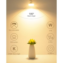 LE GU10 LED Light Bulbs Non-Dimmable, 2700K Soft Warm Light GU10 Bulb Replacement for Recessed Track Lighting, 4W LED Bulbs with 100°Flood Beam for Kitchen, Range Hood, Living Room, Bedroom, 6 Pack