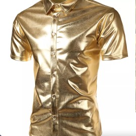 Jogal Men's LARGE Metallic GOLD SHIRT Button Down S/S Disco Nightclub Costume Party
