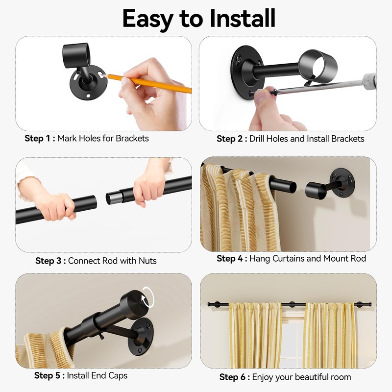 Heavy Duty Curtain Rod 32-120 Inch, 1 Inch Adjustable Black