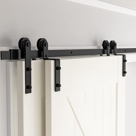 skysen 7FT Heavy Duty Sliding Barn Door Hardware Single Track Bypass Double Door Kit Black(Bypass I Shape-1)