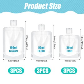 9Pcs Travel Pouches for Toiletries, Refillable Travel Size Containers TSA Approved Leak Proof Squeeze Pouches 30ml/50ml/100ml Portable Travel Fluid Makeup Packing Bag for Shampoo Conditioner Lotion