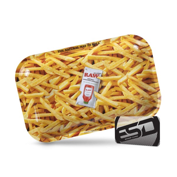 RAW 'Fried' Metal Rolling Tray | Size Small | French Fry Themed Sleek and Elegant Metal Smooth Rolling Station Tray with Rounded Edges
