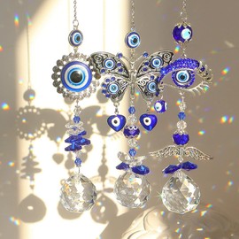 Alnicov Crystal Wind Chime Window Decoration Hanging Turkish Blue Evil Eye Suncatcher Pendant Light and Shade Wind Chimes Rainbow Garden Decor