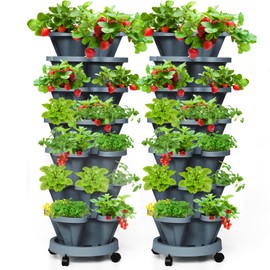 Tectsia 7 Tiered Strawberry Vertical Planter 2 Pack, Stackable Tower Garden Planter Herb Garden Planter with Movable Casters and Bottom Saucer Indoor and Outdoor - Dark Grey