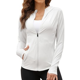 We1Fit Women's UPF 50+ Sun Protection Jacket Hooded Zip Up SPF Shirts Long Sleeves White