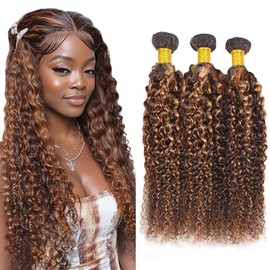 Dokksiiia Two Tone Brown Bundles P4/30 Highlight Curly Wave Human Hair Bundles Dark/Medium Brown Mix Double Weft Brazilian Human Hair Extensions Silky and Soft for Black Women 26 28 30 Inch