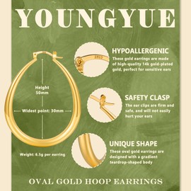 YOUNGYUE Gold Hoop Earrings for Women Hypoallergenic 14K Gold Plated Chunky Hoops Earrings Lightweight Oval Hoop Earring for Women 35/40/50mm
