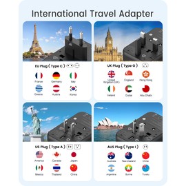 LENCENT Universal Travel Adapter, GaN3 65W International Adapter with 2 QC4.0 USB-A+2 PD3.0 Type-C PPS Fast Charging, Worldwide Travel Plug Adapter for USA/UK/EU/AUS Sockets, Black