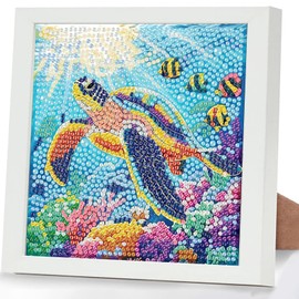 Turtle Diamond Painting Kits for Kids with Frame, 5D Diamond Arts and Crafts Gifts for Kids Girls Boys Age 4-8-10-12, Full Round Drill Gem Art Mosaic Kits for Home Decor(18x18 cm)