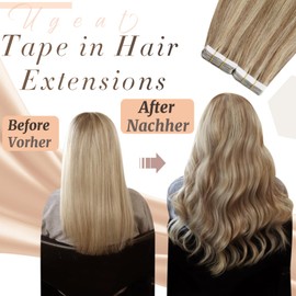 Ugeat Tape-In Hair Extensions Real Hair 30 cm Hair Tapes Golden Brown with Bleach Blonde P10/613 Streaked Extensions Hair Real Hair Tape 20 Pieces / 30 g Tape-In Hair Extensions Tape