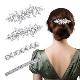 4 Pack Rhinestone Hair Clips Silver Crystal Hair Clips Pearls Hair Barrettes Decorative Hair Clips Elegant Women Flower Hairpins Wedding Hair Accessories for Brides Bridesmaids