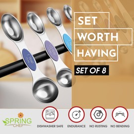 Spring Chef Stainless Steel Magnetic Measuring Spoons Set of 8 with Leveler, Dual Sided Metal Teaspoon & Tablespoon Measuring Spoons, Nesting Kitchen Gadgets for Baking & Cooking - Winter Frost
