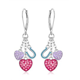 EVER FAITH Heart Earrings for Girls, Hypoallergenic Girls Hoop Earrings with 3 Cute Heart Dangle Safe Leverback Earrings Jewellery Gifts, Cubic Zirconia Zirconia enamel