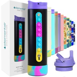 Elemental Iconic Kids Water Bottle with Straw Lid & Stress Reliever Pop It Handle, Leak-Proof When Closed, Triple Insulated Stainless Steel Reusable Thermos Water Bottle, 20oz - Black Tie Dye