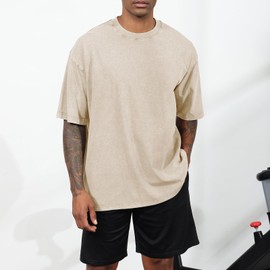 Bobeutou 2 Pack Men Oversized Cotton T-Shirts Vintage Acid Washed Unisex Tee Loose Short Sleeve Casual Shirts Basic Tops (Apricot+Black,L)