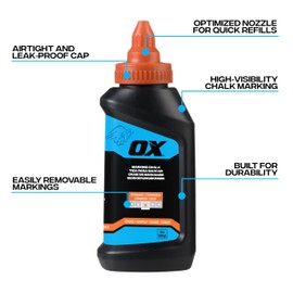 OX Pro Series Orange Chalk Line Powder 8oz Marking Chalk Refill - High Visibility Line Marking Powder Refill with High Flow Nozzle and Leak-Proof Cap Weather Resistant Construction OX-P630803