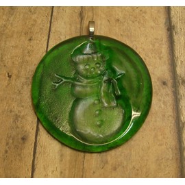Green Snowman Handmade Up-Cycled Glass Bottle Bottom Sun Catcher Ornament