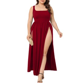 SILUI Women's Square Neck Double High Slit Summer 2025 Sexy Plus Size Sundresses Thigh Split Club Party Maxi Dresses Wine Red