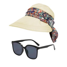 1 Piece of Women's Hat, 1 Piece of Sunglasses, Women's Sun Hat with Neck Cover, Women's Foldable Sun Hat, Outdoor Uv Protection Hat Beige