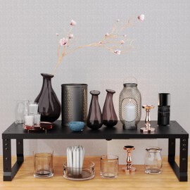 Jojocross Expandable Stackable Spice Rack Organizer for Kitchen Cabinet,Adjustable Counter Shelf, countertop, Pantry,Cupboard,Bathroom,Bedroom(1Pack/Black/Large)