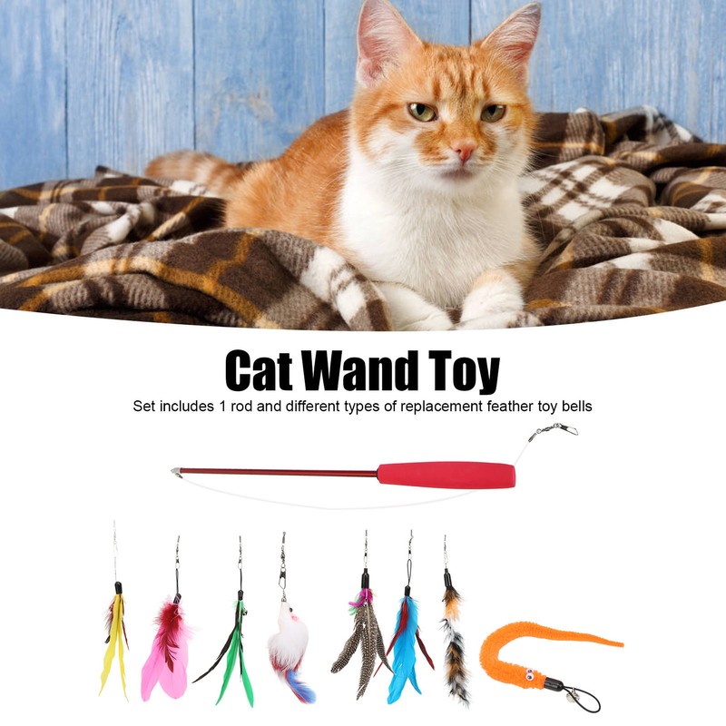 9pcs Cat Feather Wand Toy 3 Sections Retractable Cat Interactive