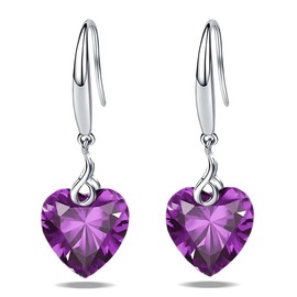Heart Dangle Earrings 925 Sterling Silver 10mm Heart Cubic Zirconia Drop Earrings for Women, White Gold Jewellery Gift for Girls (Purple)
