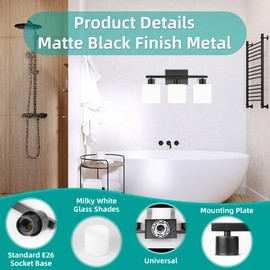 CANMEIJIA 3-Light Bathroom Vanity Light Fixtures, Matte Black Vanity Wall Scones Lighting for Bedroom Living Room, Modern Vanity Lights with Milky White Glass Shades, E26 Socket, Bulbs Not Included