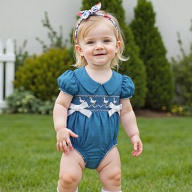 baorji Newborn Baby Girl Romper Farm Outfit Goose Embroidery Short Sleeve Onesie Smocked Jumpsuit Country Summer Clothes (Blue, 12-18 Months)