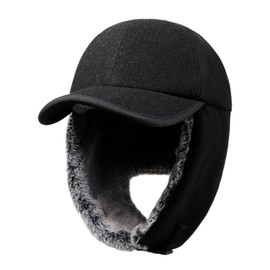 Gisdanchz Warm Winter Baseball Cap with Long Ear Flaps - Wool Blend Exterior, Fully Lined with Faux Fur, black