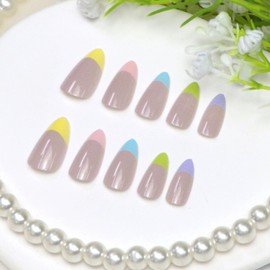 Almond Press on Nails Short Fake Nails with Colorful French Tip Designs Yellow Nails Press ons Blue False Nails for Women 24Pcs