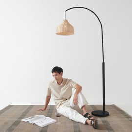 Brightech Lark Standing LED Floor Lamp for Bedroom, Living Room, Office - Modern Tall Corner Arc Lamp with Boho Hanging Rattan Shade - Bright Bedside Reading Light - Black