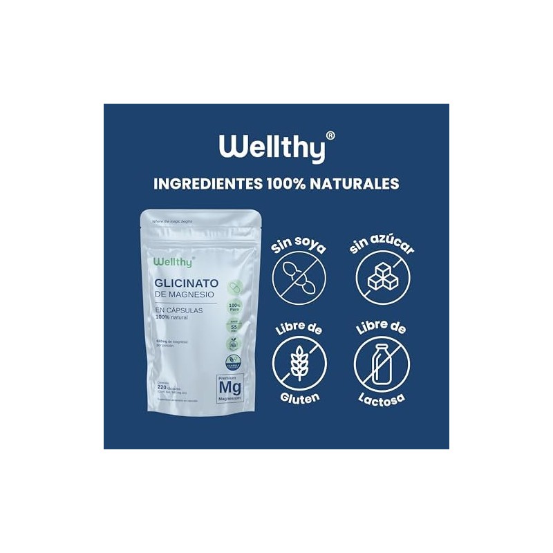 Wellthy Glicinato de Magnesio 220 Cápsulas 432mg. 100 Natural, Alta